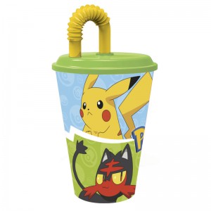 Vaso con caña de Pokemon ideal picnic para llevar al colegio con tapa grande