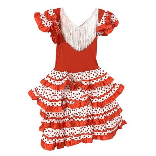 Disfraz de Sevillana vestido flamenca rojo y blanco lunares para niña 6-10 años
