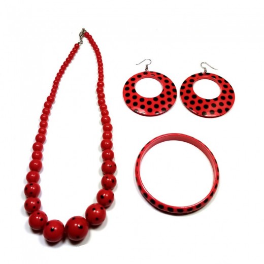 Collar y pendientes de sevillana andaluza de plastico rojo con lunares negros