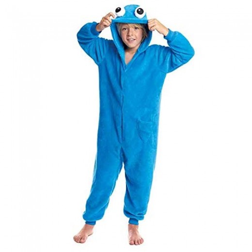 Mono Pijama de Monstruo azul come galletas infantil con ojos manta disfraz
