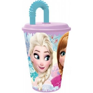 Vaso con caña y tapadera de Frozen Elsa y Anna 430 ml con pajita