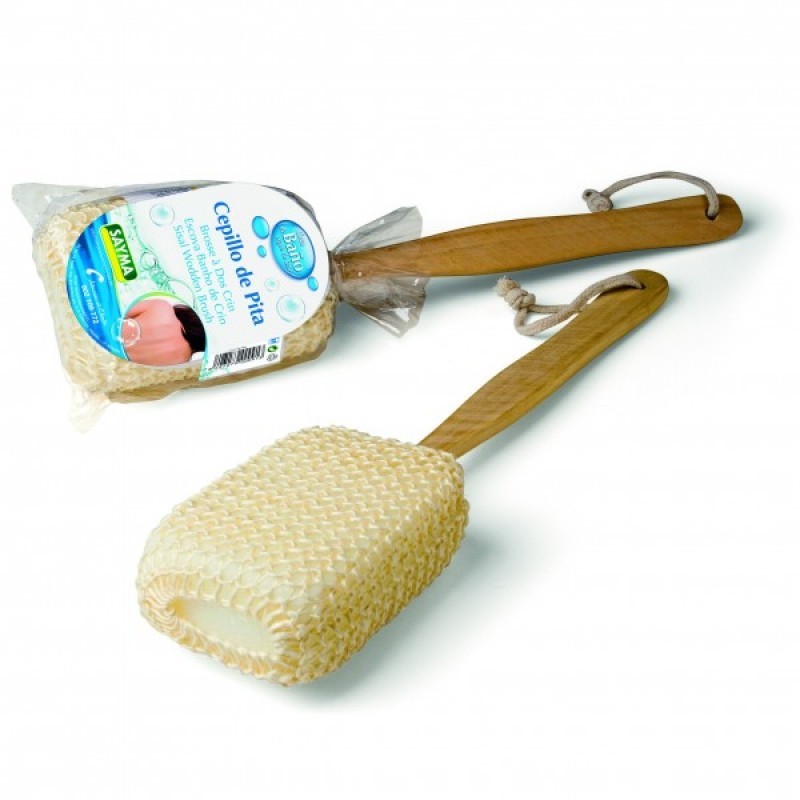 Cepillo esponja de pita con mango de madera para espalda ducha