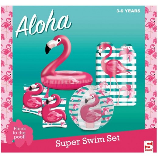 Set hinchables flotador flamenco manguitos balon pelota y surf rosa pack
