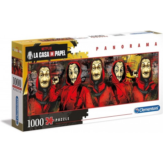 Puzzle panorama personajes de la casa de papel panorámico ladrones rojo dali
