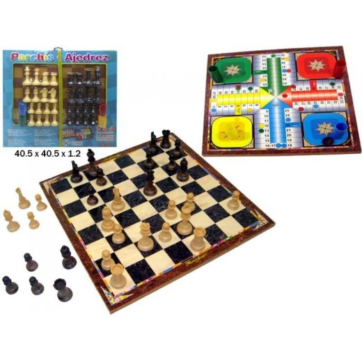 Pack tablero parchis y ajedrez con fichas cubiletes y dados
