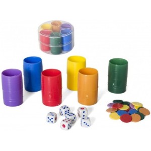6 Cubiletes de colores con fichas y dados con caja