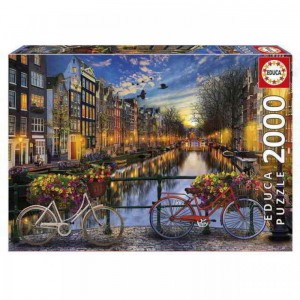 Puzzle De Amsterdam de 2000 piezas bicicletas en canal con flores ciudad colores