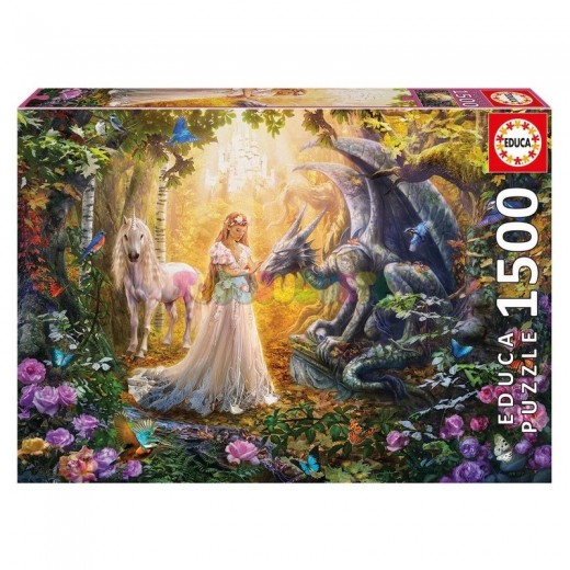 PUzzle de Dragón princesa y unicornio en el bosque de 1500 piezas