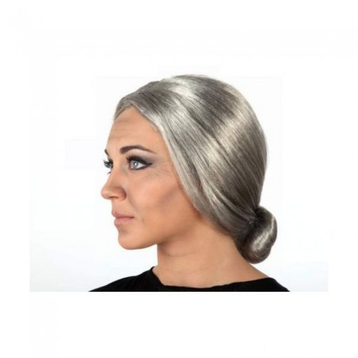Peluca de anciana con moño gris pelo de mujer mayor recogido abuela Disfraz